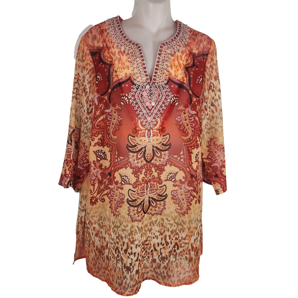 Chicos Tunic Top Embellished Coastal Mix Orange Sheer Sequined 8/10 Print India